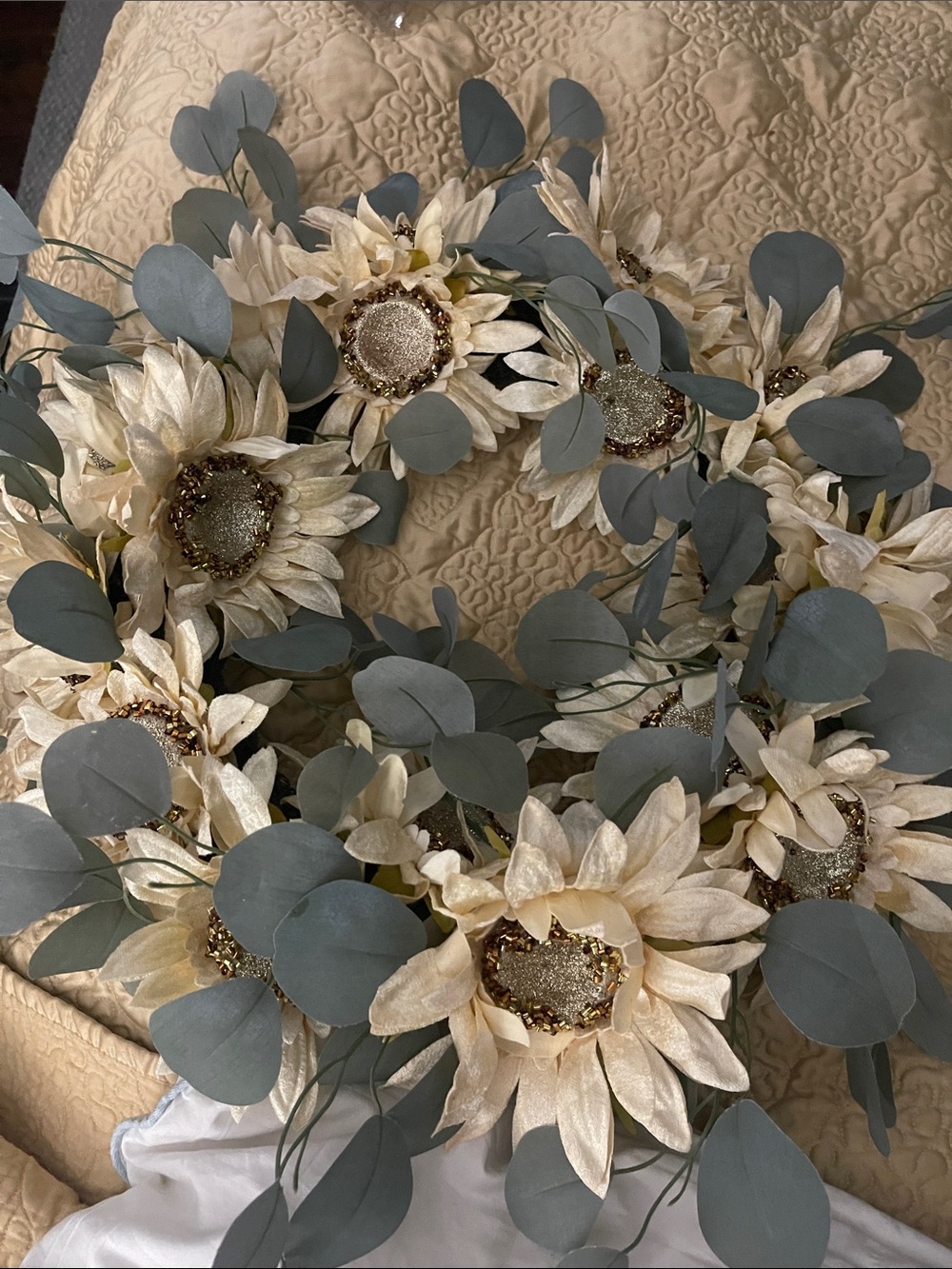 Neutral Cream Sunflower and Eucalyptus Wreath
